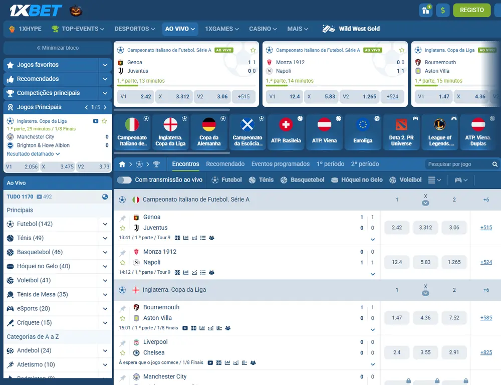 Secção Ao Vivo da 1xBet no computador com jogos de futebol a decorrer, bandeiras das competições e os mercados principais de cada jogo