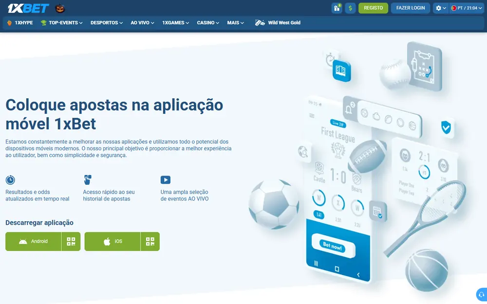 Página Aplicações móveis da 1xBet no computador com o título Coloque apostas na aplicação móvel 1xBet, três vantagens da app e os botões Android e iOS com código QR