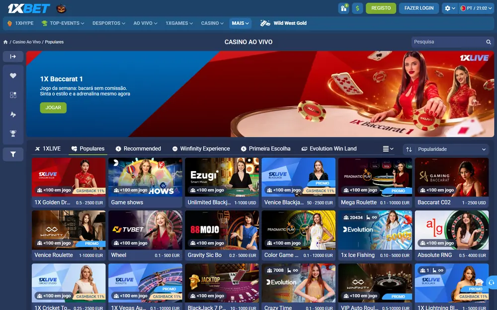 Lobby Casino Ao Vivo da 1xBet com o banner 1X Baccarat 1 e mesas como 1X Golden Dragon Tiger, Mega Roulette, Gravity Sic Bo e Crazy Time com os limites em EUR