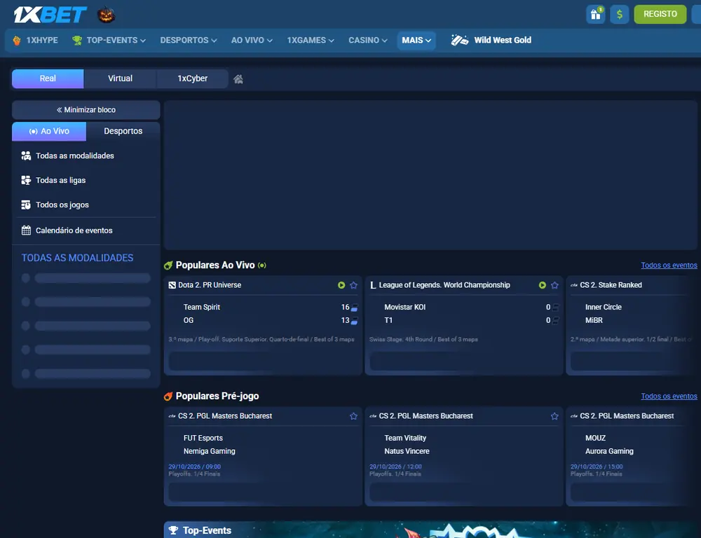 Secção de eSports da 1xBet com Team Spirit contra OG em Dota 2, Movistar KOI contra T1 no League of Legends World Championship e jogos de CS 2 da PGL Masters Bucharest