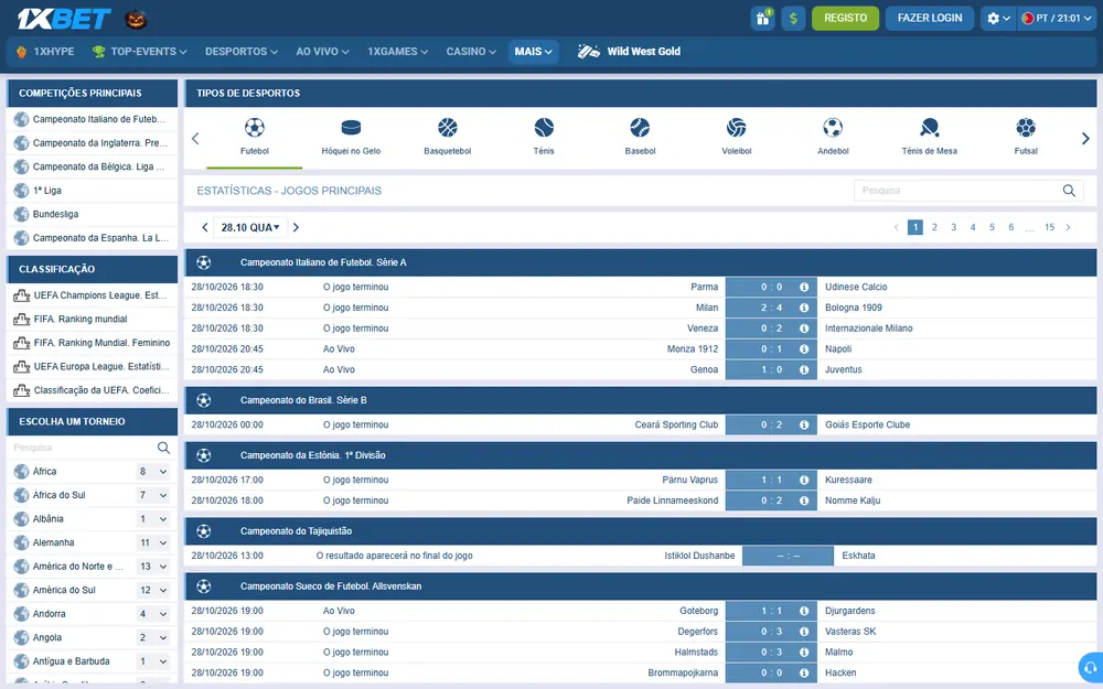 Página de estatísticas da 1xBet com os resultados de 28 de outubro na Série A, como Milan 2 a 4 Bologna, e na Allsvenskan sueca, com a lista de competições à esquerda