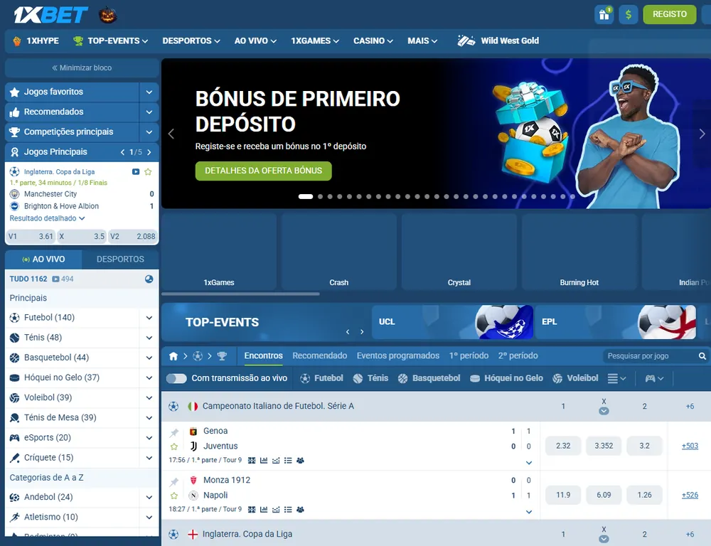 Página inicial da 1xBet no computador com o banner Bónus de primeiro depósito, a lista de desportos ao vivo à esquerda e jogos da Série A e da Copa da Liga inglesa