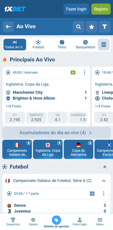 Secção Ao Vivo da 1xBet no telemóvel com Manchester City contra Brighton da Copa da Liga inglesa e as odds V1, empate e V2