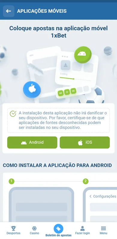Página Aplicações móveis da 1xBet no telemóvel com o texto Coloque apostas na aplicação móvel 1xBet e os botões Android e iOS