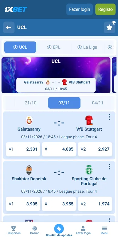 Página da Liga dos Campeões na 1xBet no telemóvel com Galatasaray contra VfB Stuttgart e Shakhtar Donetsk contra Sporting Clube de Portugal