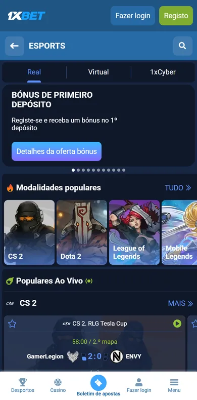 Secção ESPORTS da 1xBet no telemóvel com os separadores Real, Virtual e 1xCyber, as modalidades CS 2, Dota 2 e League of Legends e um jogo de CS 2 ao vivo
