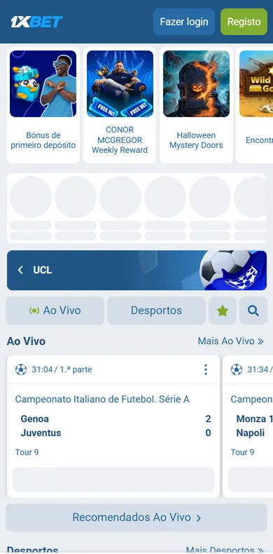 Versão mobi da 1xBet com os botões Fazer login e Registo, a faixa UCL, os separadores Ao Vivo e Desportos e o jogo Genoa contra Juventus