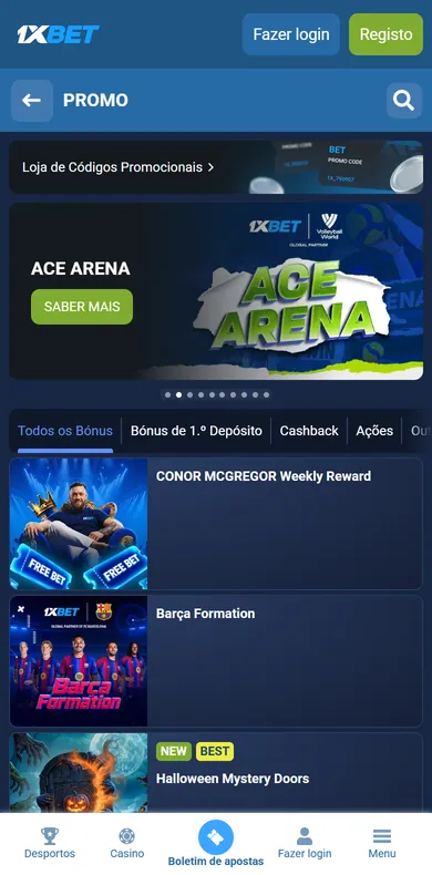 Página PROMO da 1xBet no telemóvel com o banner Ace Arena, a Loja de Códigos Promocionais e os separadores Todos os Bónus, Bónus de 1.º Depósito e Cashback